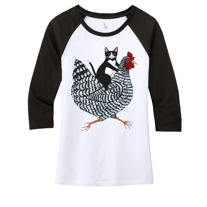 Tuxedo Cat Riding Chicken Funny Women's Tri-Blend 3/4-Sleeve Raglan Shirt