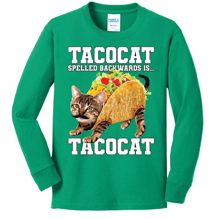 Taco Cat Spelled Backwards Is Tacocat Meme Silly Cat Lover Kids Long Sleeve Shirt