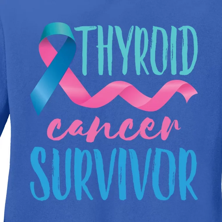 Thyroid Cancer Survivor Awareness Ribbon Teal Pink Blue Gift Ladies Long Sleeve Shirt