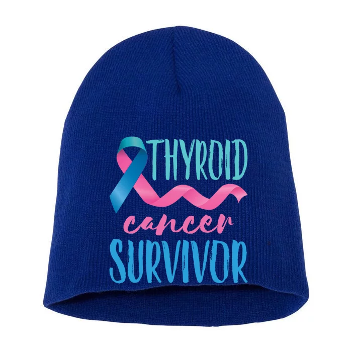 Thyroid Cancer Survivor Awareness Ribbon Teal Pink Blue Gift Short Acrylic Beanie