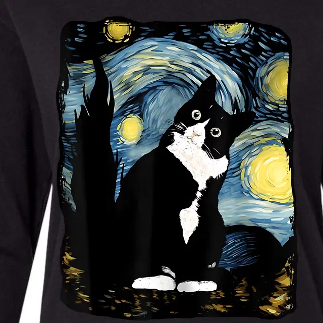 Tuxedo Cat Starry Night Van Gogh Cat Cat Art Cat Mom Dad Womens Cotton Relaxed Long Sleeve T-Shirt