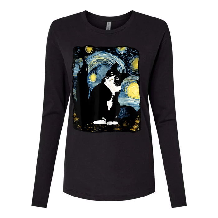 Tuxedo Cat Starry Night Van Gogh Cat Cat Art Cat Mom Dad Womens Cotton Relaxed Long Sleeve T-Shirt