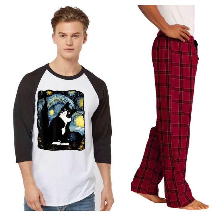 Tuxedo Cat Starry Night Van Gogh Cat Cat Art Cat Mom Dad Raglan Sleeve Pajama Set