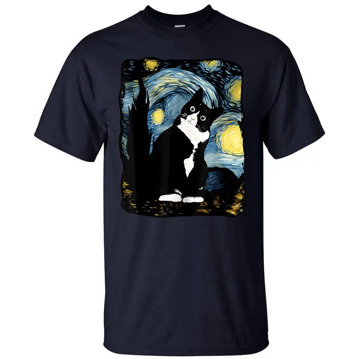 Tuxedo Cat Starry Night Van Gogh Cat Cat Art Cat Mom Dad Tall T-Shirt