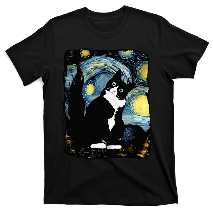 Tuxedo Cat Starry Night Van Gogh Cat Cat Art Cat Mom Dad T-Shirt