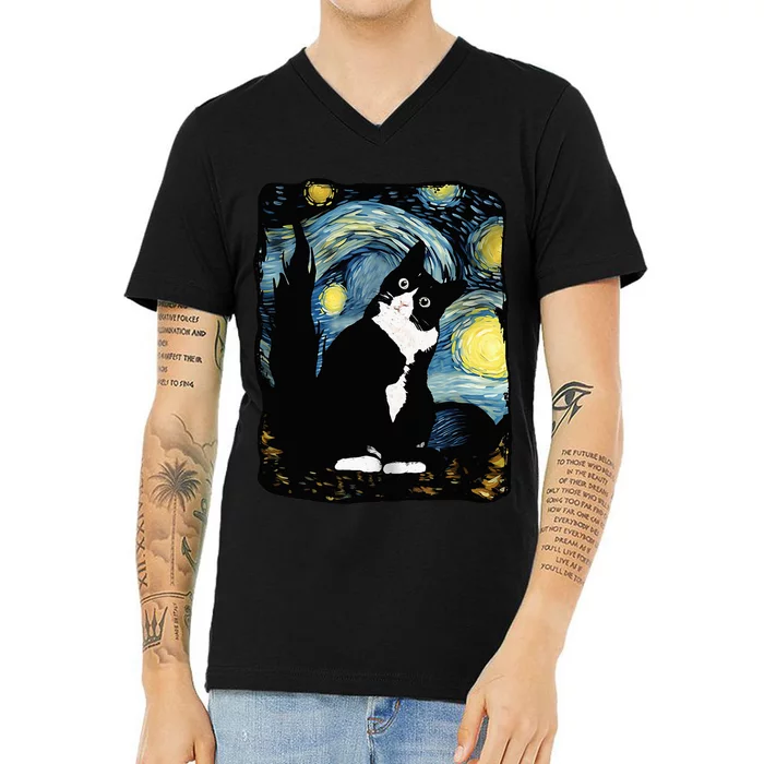 Tuxedo Cat Starry Night Van Gogh Cat Cat Art Cat Mom Dad V-Neck T-Shirt