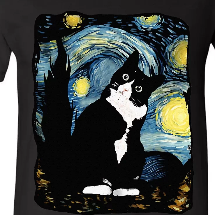 Tuxedo Cat Starry Night Van Gogh Cat Cat Art Cat Mom Dad V-Neck T-Shirt