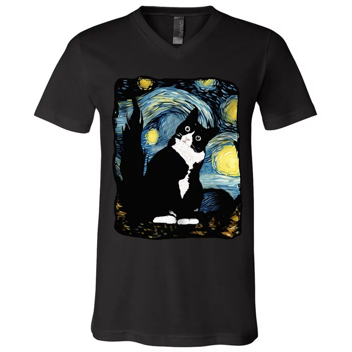 Tuxedo Cat Starry Night Van Gogh Cat Cat Art Cat Mom Dad V-Neck T-Shirt