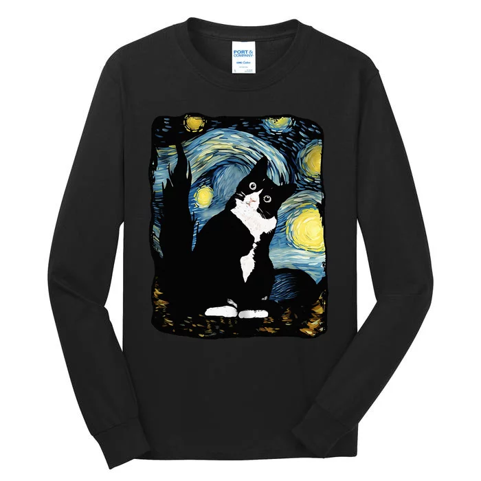 Tuxedo Cat Starry Night Van Gogh Cat Cat Art Cat Mom Dad Tall Long Sleeve T-Shirt