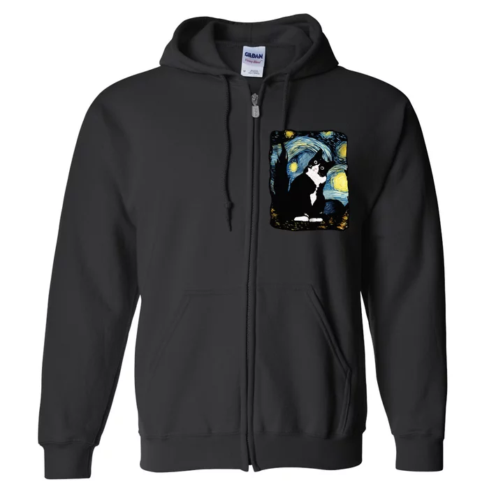 Tuxedo Cat Starry Night Van Gogh Cat Cat Art Cat Mom Dad Full Zip Hoodie