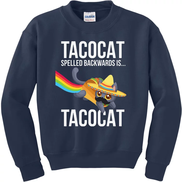 Taco Cat Spelled Backwards Palindrome Funny Cat Kids Sweatshirt