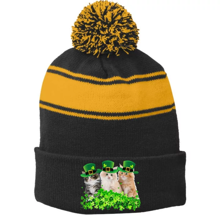 Three Cat St Patricks Day Kitty Kitten Lover Irish Stripe Pom Pom Beanie