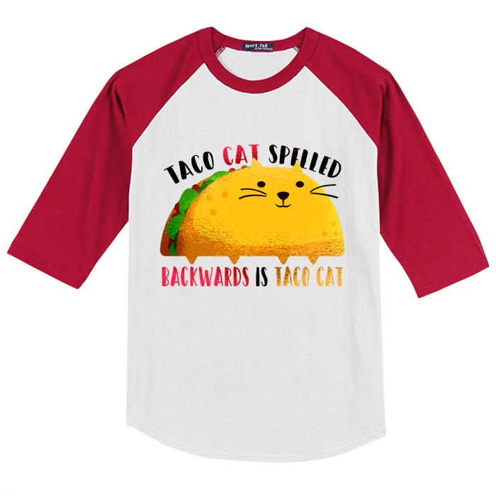 Taco Cat Spelled Backwards Is Taco Cat Funny Mexican Tacos Kids Colorblock Raglan Jersey