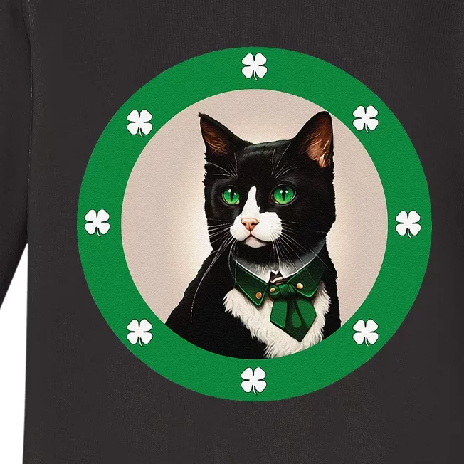 Tuxedo Cat Saint St. Patrick's Paddy's Day Cat Lovers Gift Baby Long Sleeve Bodysuit