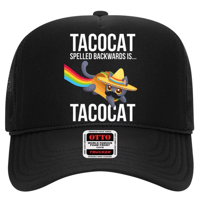 Taco Cat Spelled Backwards Palindrome Funny Cat High Crown Mesh Trucker Hat