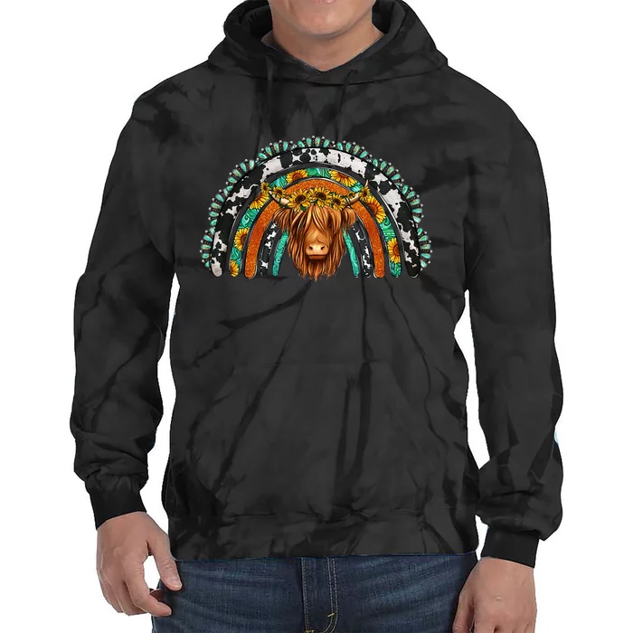 Turquoise Cowhide Sunflower Rainbow Highland Hairy Cow Lover Tie Dye Hoodie