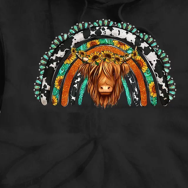 Turquoise Cowhide Sunflower Rainbow Highland Hairy Cow Lover Tie Dye Hoodie