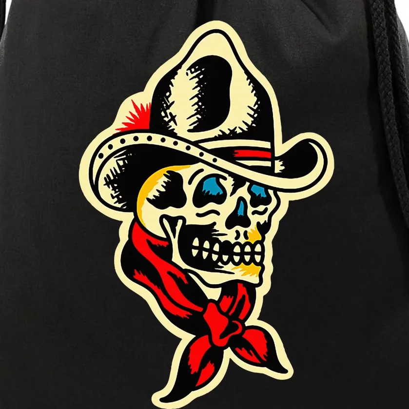 Traditional Cowboy Skull Tattoo Drawstring Bag