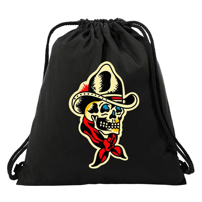 Traditional Cowboy Skull Tattoo Drawstring Bag