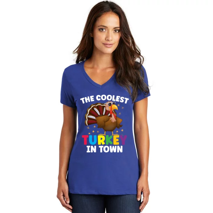 The Coolest Turkey In Town Colorful Thanksgiving Funny Gift Women's V-Neck T-Shirt