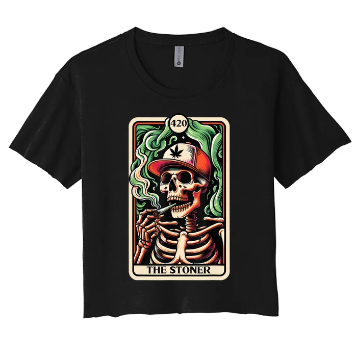 Tarot Card The Stoner Weed Lover Skeleton Cannabis 420 Women's Crop Top Tee