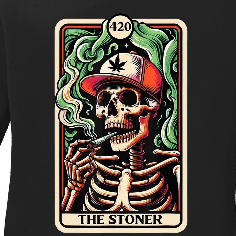 Tarot Card The Stoner Weed Lover Skeleton Cannabis 420 Ladies Long Sleeve Shirt