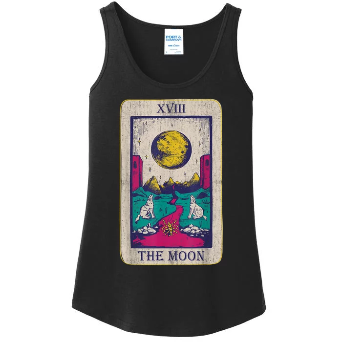 Tarot Card The Moon XVIII Occult Vintage Wolf Moon Ladies Essential Tank