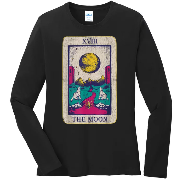 Tarot Card The Moon XVIII Occult Vintage Wolf Moon Ladies Long Sleeve Shirt