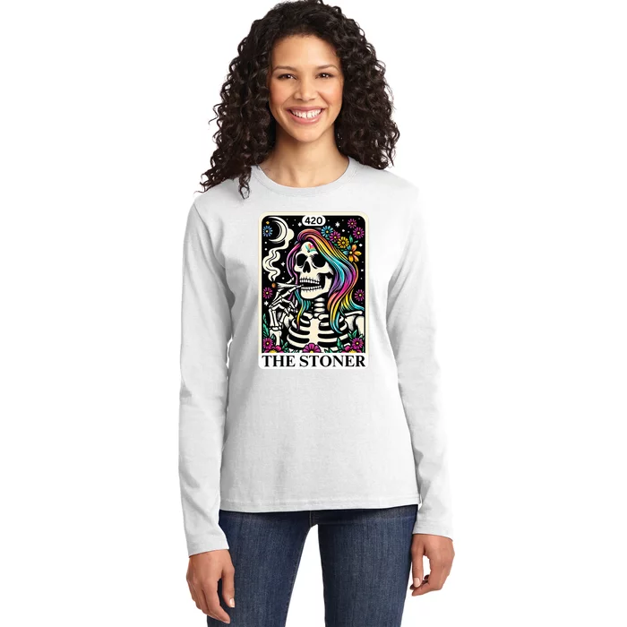 Tarot Card The Stoner Weed Lover Skeleton 420 Cannabis Ladies Long Sleeve Shirt