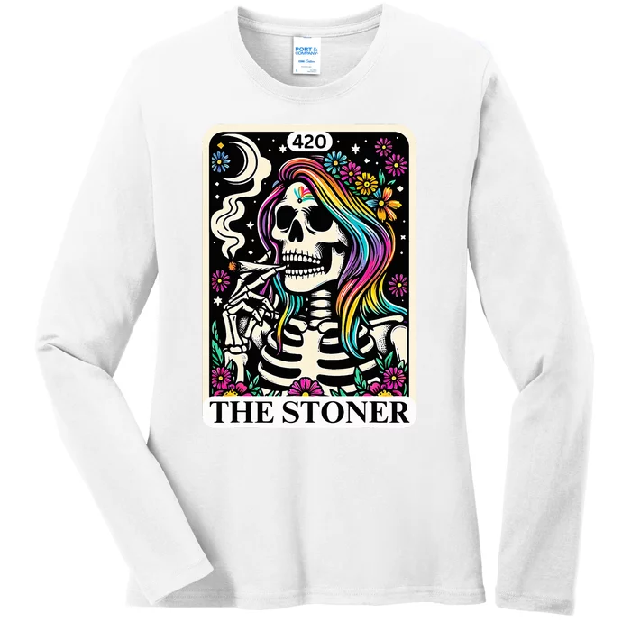 Tarot Card The Stoner Weed Lover Skeleton 420 Cannabis Ladies Long Sleeve Shirt