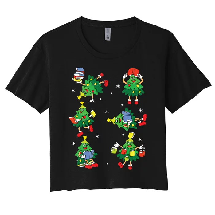 Teacher Christmas Tree Read Books Funny Xmas Librarian Women's Crop Top Tee