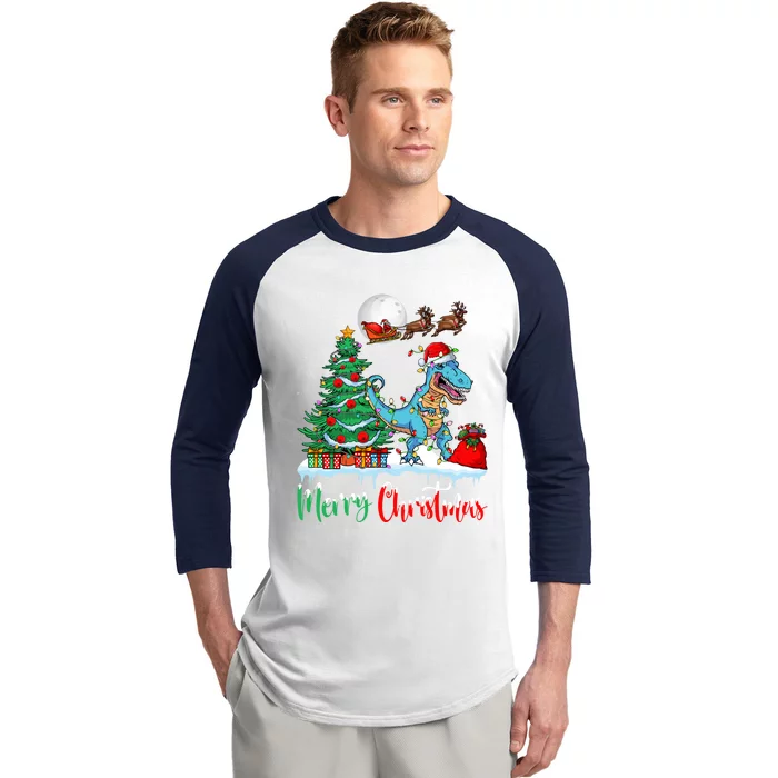 Trex Christmas Tree Lights Santa Hat Merry Christmas Trex Cool Gift Baseball Sleeve Shirt