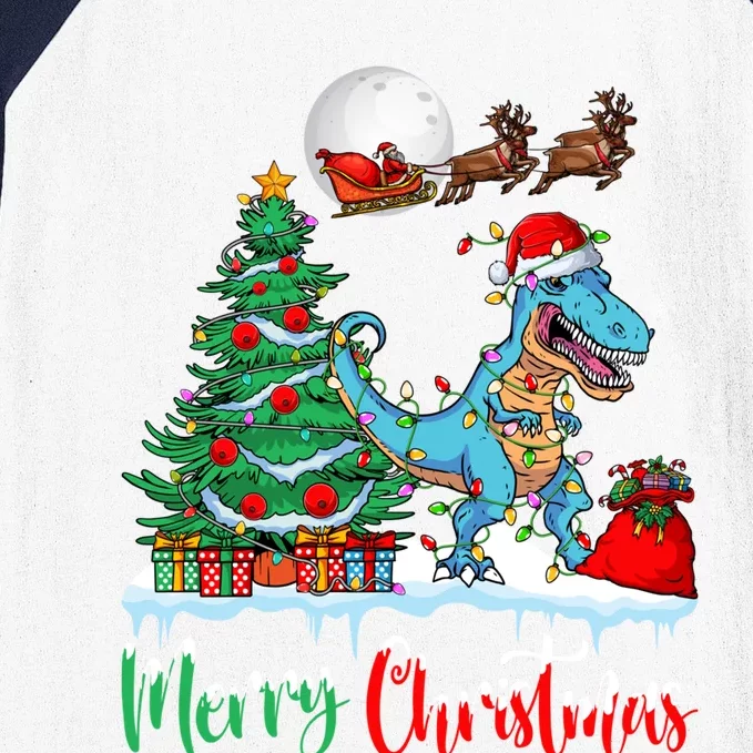 Trex Christmas Tree Lights Santa Hat Merry Christmas Trex Cool Gift Baseball Sleeve Shirt