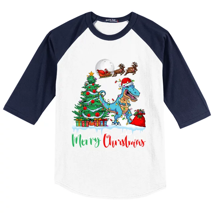 Trex Christmas Tree Lights Santa Hat Merry Christmas Trex Cool Gift Baseball Sleeve Shirt