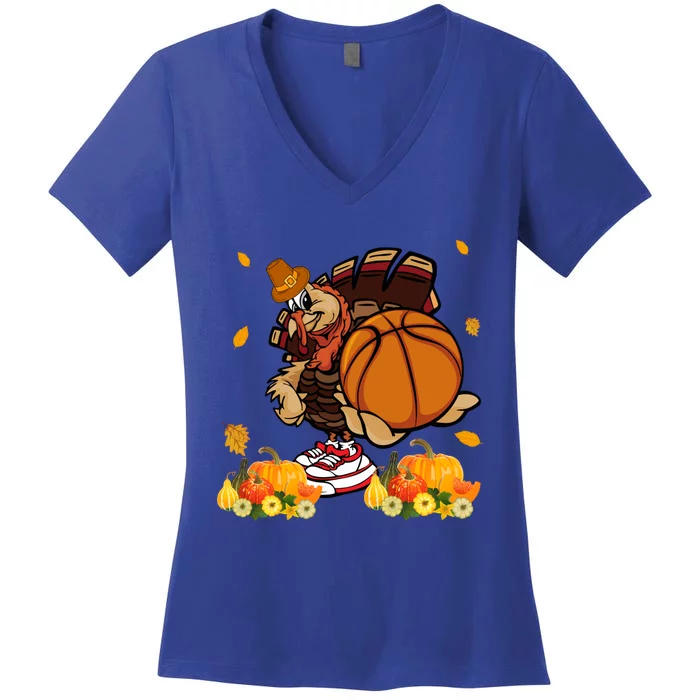 Thanksgiving Cool Turkey Playing Basketball Player Lover Gift Women's V-Neck T-Shirt