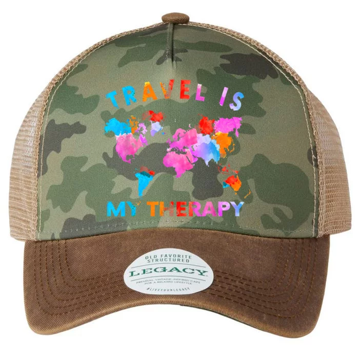 Traveler Camping Trip World Statement Travel Is My Therapy Legacy Tie Dye Trucker Hat