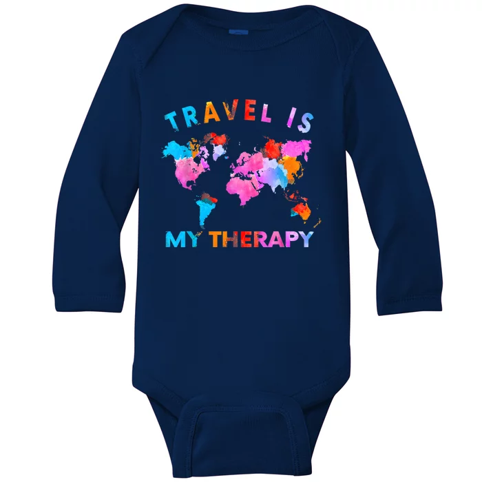 Traveler Camping Trip World Statement Travel Is My Therapy Baby Long Sleeve Bodysuit