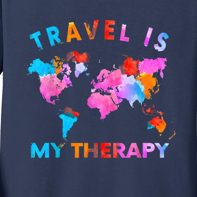 Traveler Camping Trip World Statement Travel Is My Therapy Kids Long Sleeve Shirt