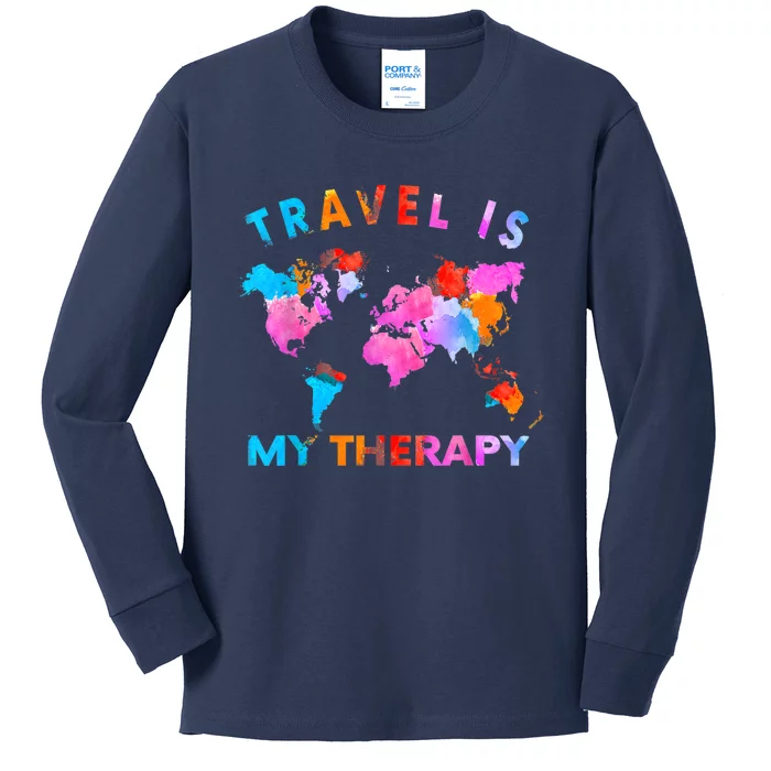 Traveler Camping Trip World Statement Travel Is My Therapy Kids Long Sleeve Shirt