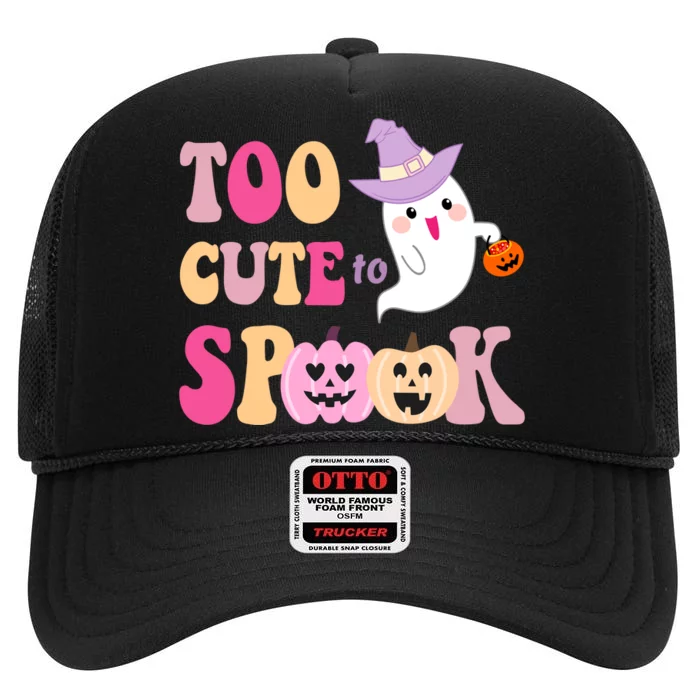 Too Cute To Spook Halloween Groovy Ghost High Crown Mesh Trucker Hat