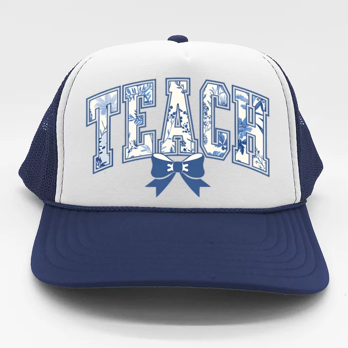 Teacher Coquette Toile Blue Bow Floral Trucker Hat