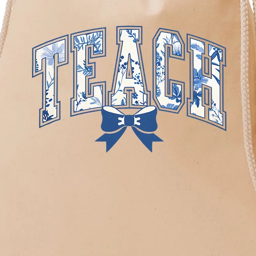 Teacher Coquette Toile Blue Bow Floral Drawstring Bag