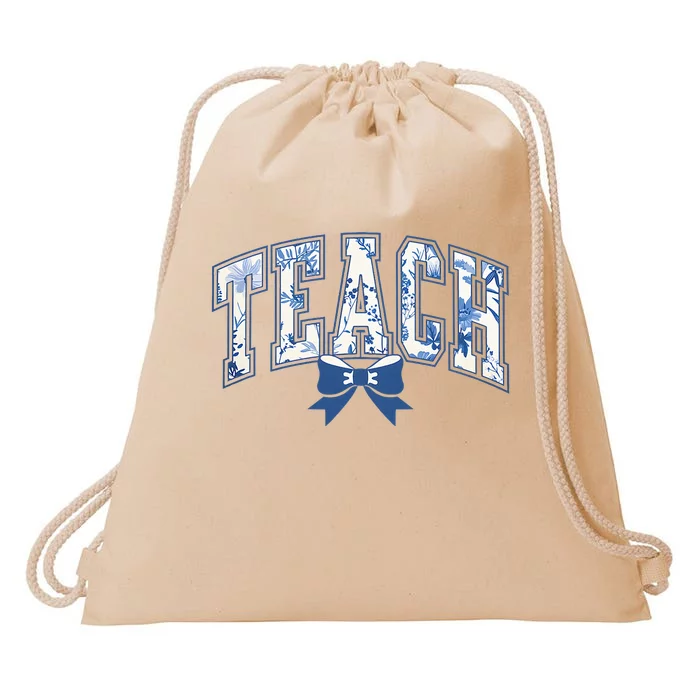 Teacher Coquette Toile Blue Bow Floral Drawstring Bag