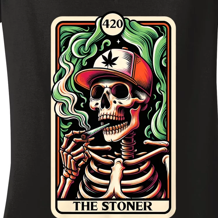 Tarot Card The Stoner Weed Lover Skeleton Cannabis 420 Women's V-Neck T-Shirt