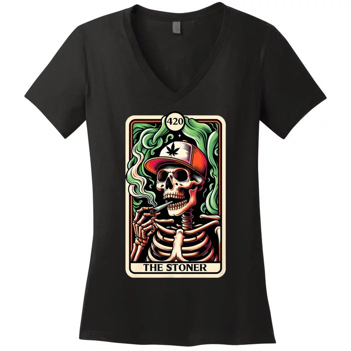 Tarot Card The Stoner Weed Lover Skeleton Cannabis 420 Women's V-Neck T-Shirt