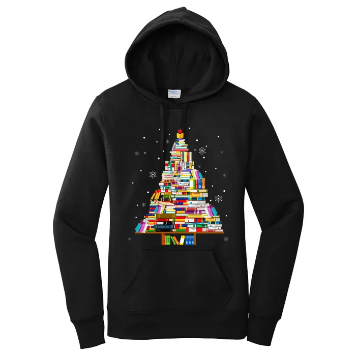 Teacher Christmas Tree Made Of Books Funny Book Lover Xmas Women's Pullover Hoodie