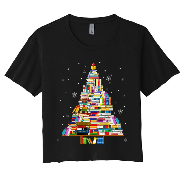 Teacher Christmas Tree Made Of Books Funny Book Lover Xmas Women's Crop Top Tee