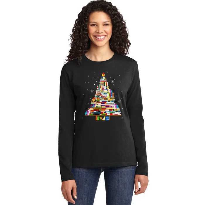 Teacher Christmas Tree Made Of Books Funny Book Lover Xmas Ladies Long Sleeve Shirt