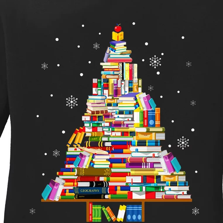 Teacher Christmas Tree Made Of Books Funny Book Lover Xmas Ladies Long Sleeve Shirt