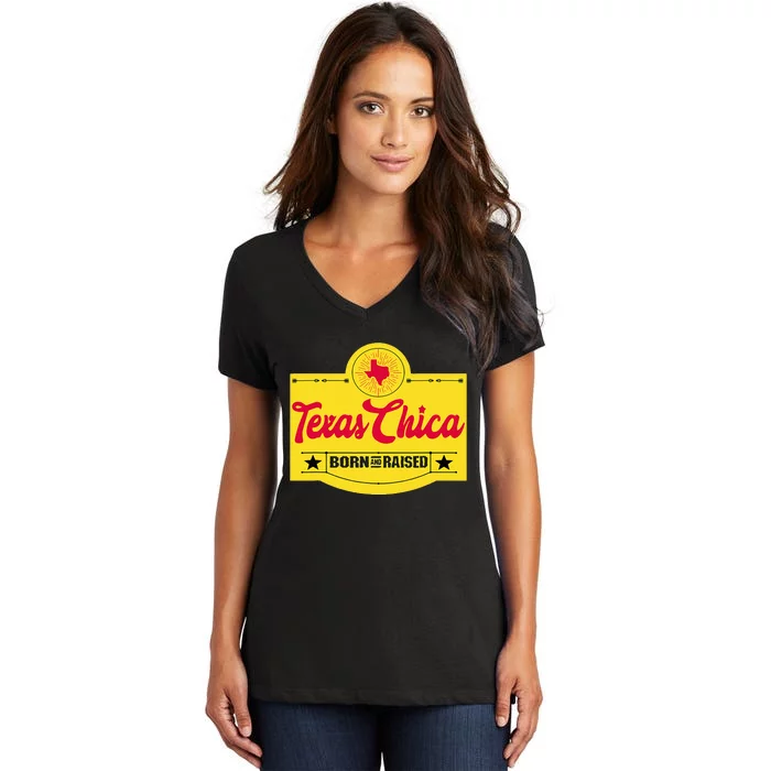 Texas Chica Texas Born & Raised Chick Womens Parody Women's V-Neck T-Shirt